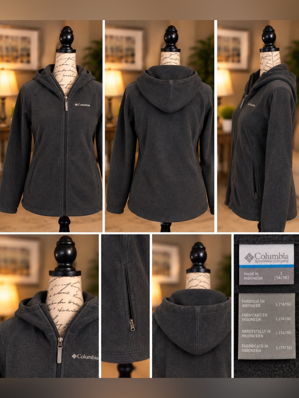 Columbia Girls Charcoal Gray Hooded Full Zip Fleece Jacket Youth L 14/ 16